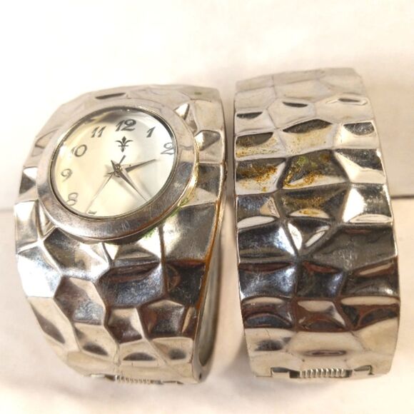 Vintage Y2K Wide Wavy Silvertone Cuff Watch and Bracelet - Picture 1 of 6